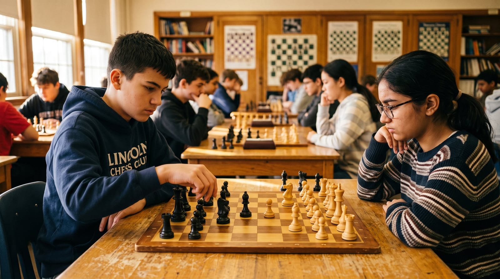 Alunos jogando xadrez em sala de aula do clube