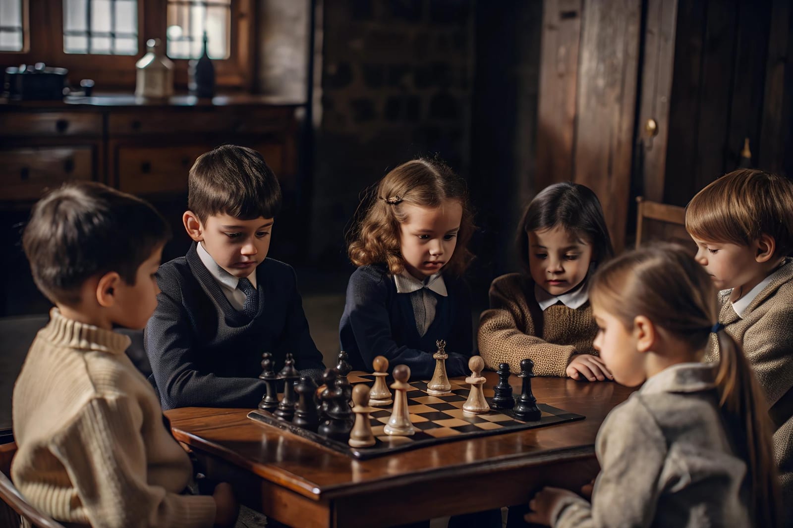 Crianças aprendendo xadrez em ambiente escolar